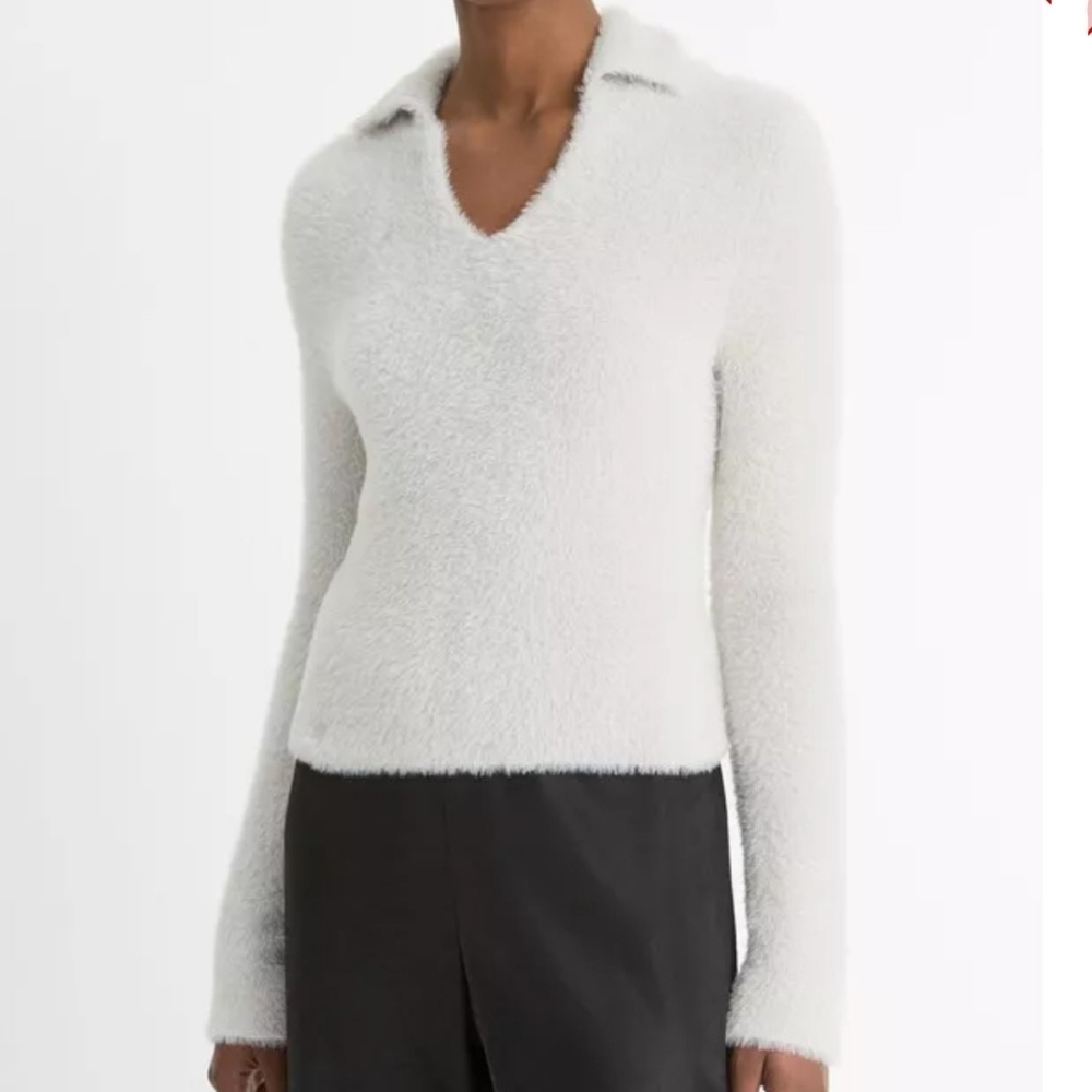Vince Eyelash Polo Sweater Long Sleeve Soft FuzzyTexture Light Birch Stone M NWT - Picture 12 of 14